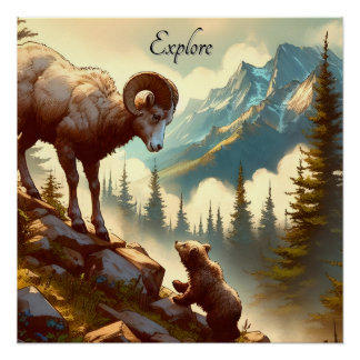 Entdecken Sie den Bighorn Sheep Grizzly Cub Mounta Poster