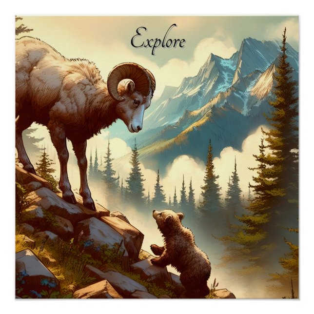 Entdecken Sie den Bighorn Sheep Grizzly Cub Mounta Poster (Vorderseite)