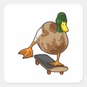 Ente als Skater mit Skateboard Quadratischer Aufkleber
