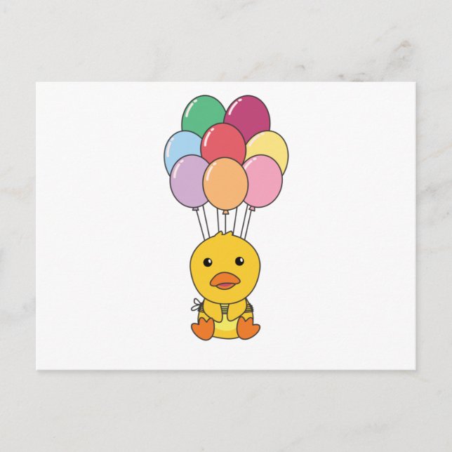 Ente fliegt mit farbenfrohen Balloons auf Postkarte (Vorderseite)