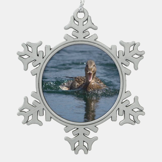 Ente mit Schnabel offen Schneeflocken Zinn-Ornament (Vorderseite)