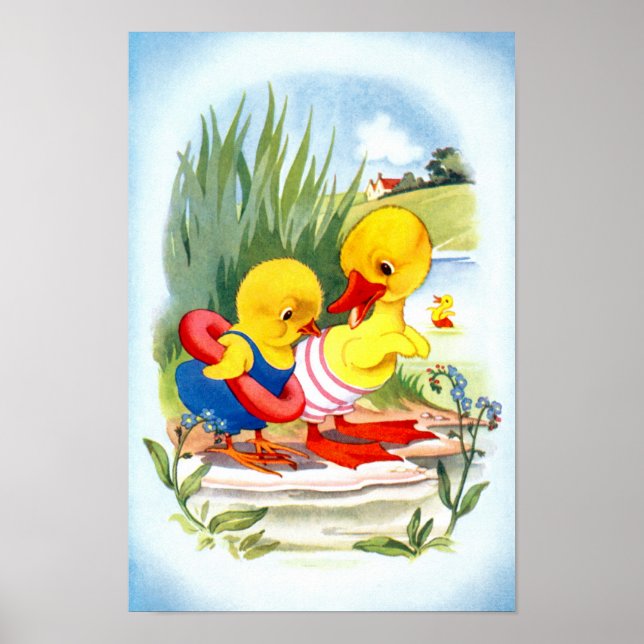 Ente und Küken schwimmen Poster (Vorne)