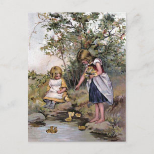 Enten füttern Vintage-Illustration Postkarte