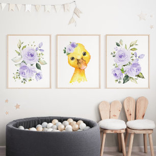 Enten, Landtiere, violette Blumen, geschlechtsneut Bilderwand Sets
