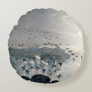 Enten, Mallards und Schwäne am See bei Sonnenunter Rundes Kissen