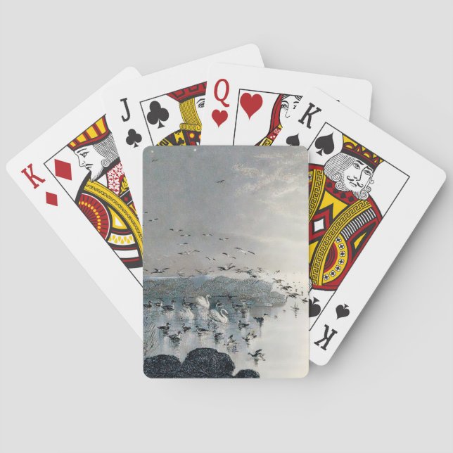 Enten, Mallards und Schwäne am See bei Sonnenunter Spielkarten (Rückseite)