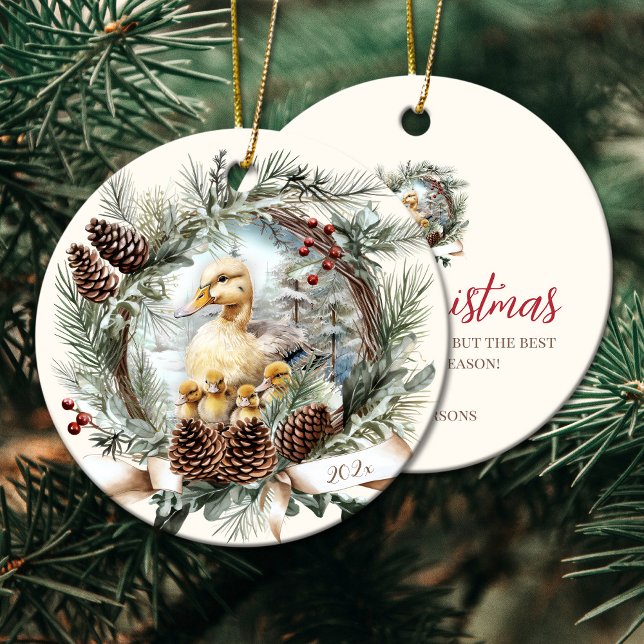 Enten und Nutztiere Weihnachten-Nadelkranz Keramik Ornament (Ducks farm animals Christmas pinecone wreath Ceramic Ornament)