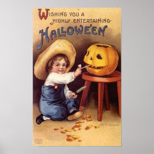 Entertaining Halloween Boy Carving Pumpkin Poster (Vorne)