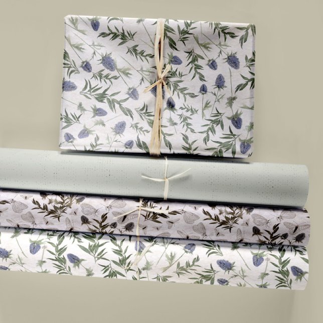 Entfärbung von Blumen und Schmetterlingen Geschenkpapier Set (Elegant Thistle Lavender And White Butterflies Wrapping Paper Sheets from Studio Posies.)