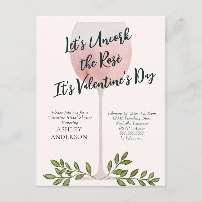 Entkorken Sie die Rosé Valentine Bridal Dusche Ein Postkarte (Vorderseite)