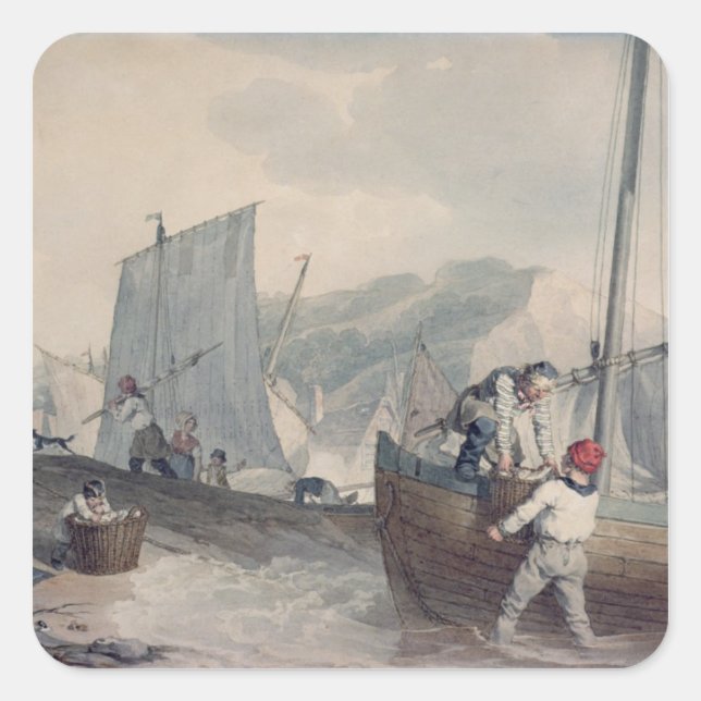 Entladen von Fischereibooten Quadratischer Aufkleber (Vorderseite)