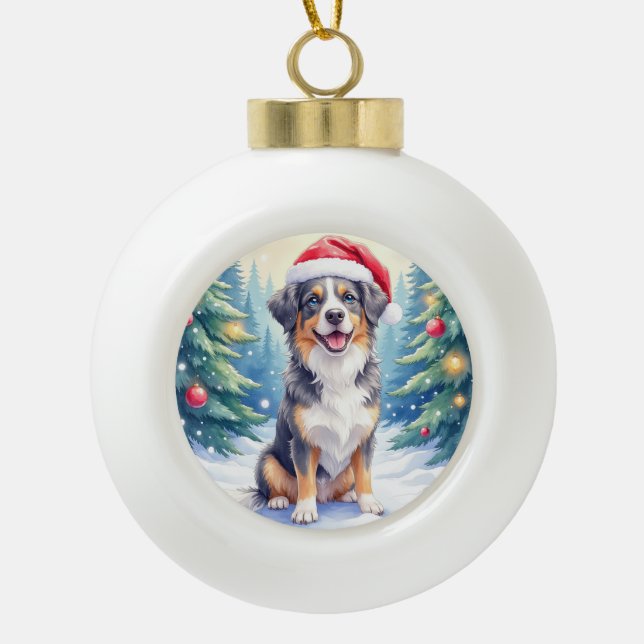 Entlebucher Mountain Dog Snowy Forest Santa Keramik Kugel-Ornament (Vorderseite)