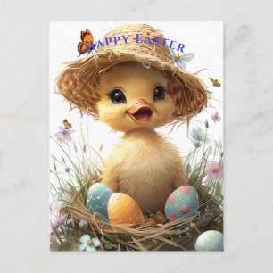Entlein Strohhut Ostern Ei Blumen Schmetterlinge Postkarte