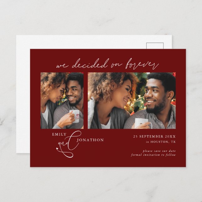 Entscheidet am Forever 2 Foto Burgundy Rett Date Ankündigungspostkarte (Vorne/Hinten)