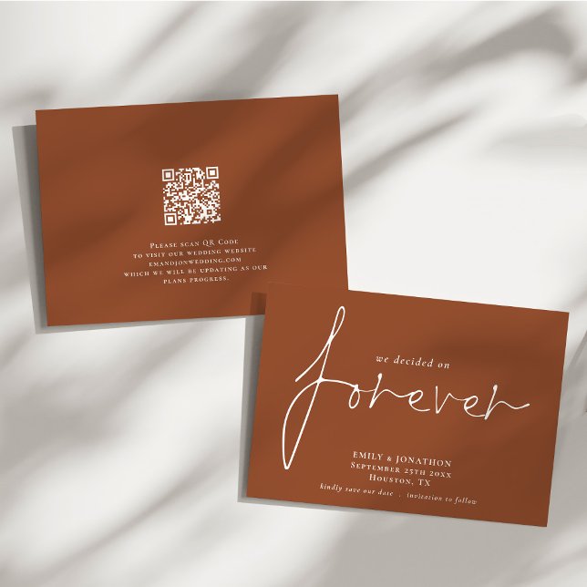 Entscheidet für ewig QR Code Terracotta Save The Date (Front and back view)