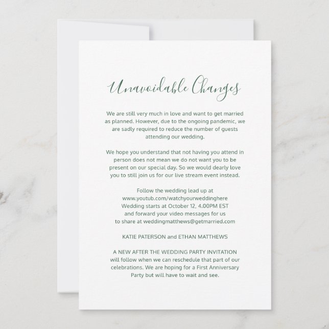 Entschuldigen Sie die Absage der Hochzeitswechsel  Ankündigung (Rückseite)