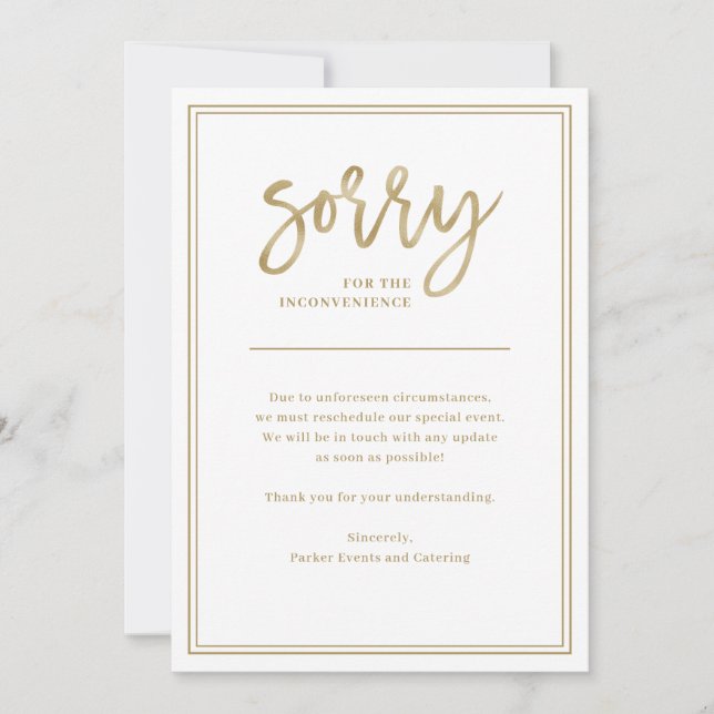 Entschuldigung für Unannehmlichkeiten| Annullierun Einladung (Vorderseite)