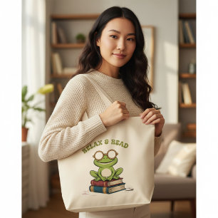 Entspanne dich & Lies Süßer Frosch auf Büchern L Jumbo Stoffbeutel