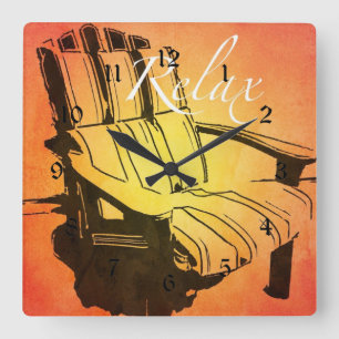 Entspannen Sie am Red Orange Adirondack Sessel Sum Quadratische Wanduhr