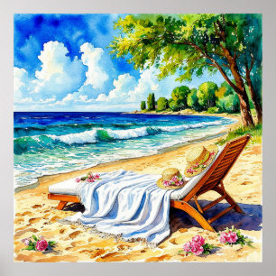 Entspannende Strandszene mit Liegestuhl Poster
