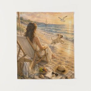Entspannender Strandtag Hund Aquarell-Kunst Wandteppich