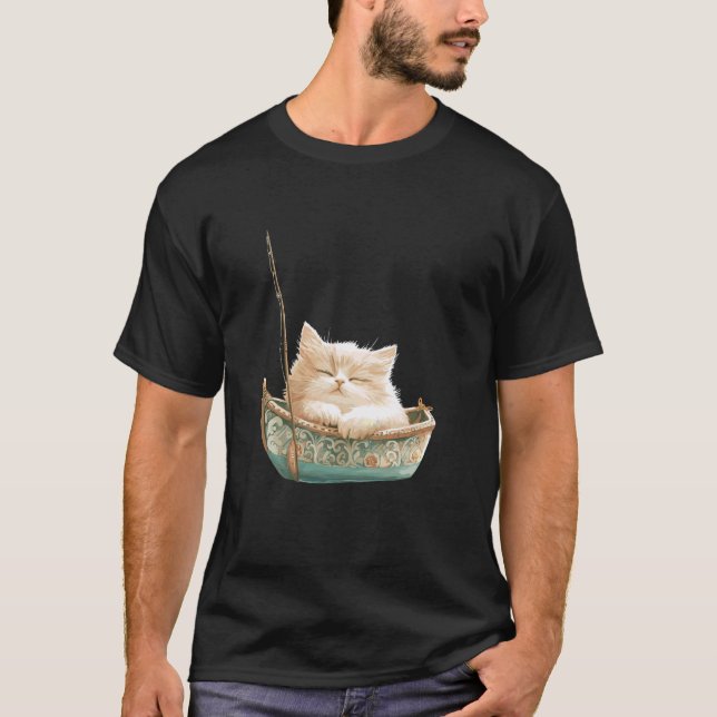 Entspannte Katze in verziertem Boot Tierkunst T-Shirt (Vorderseite)