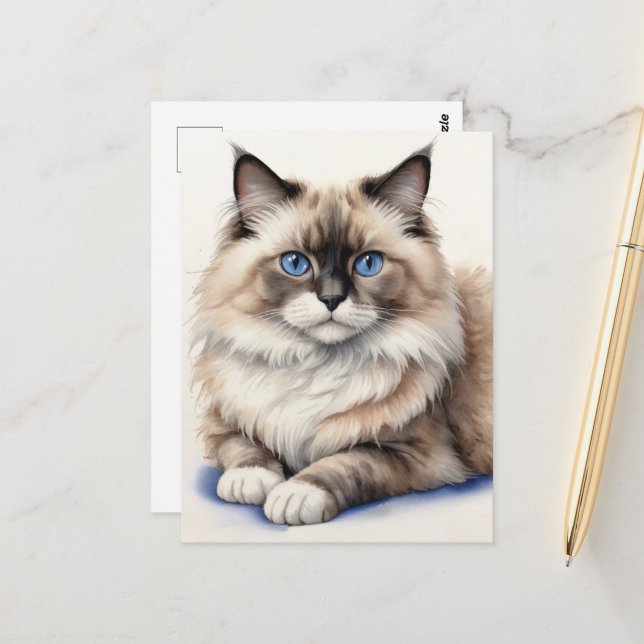 Entspannte Ragdoll Katze Illustration Gemütliches  Postkarte (Vorderseite/Rückseite Beispiel)