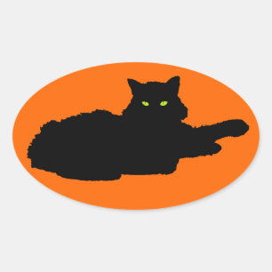 Entspannte Schwarze Katze Silhouette auf Orange Ovaler Aufkleber