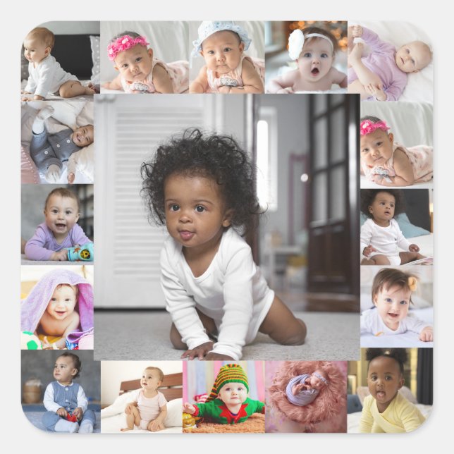 Entwerfen Sie Ihre eigene 17 FotoCollage Quadratischer Aufkleber (Vorderseite)