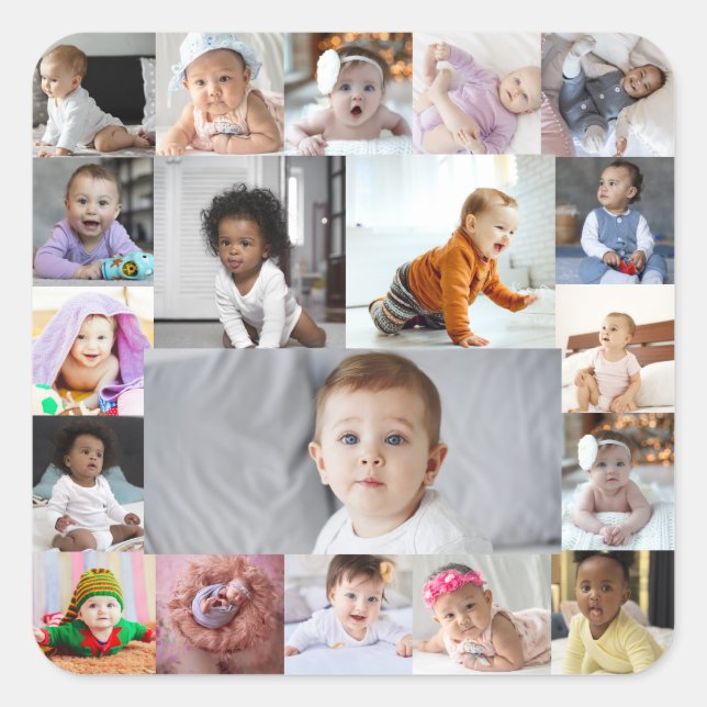 Entwerfen Sie Ihre eigene 19 FotoCollage Quadratischer Aufkleber (Vorderseite)