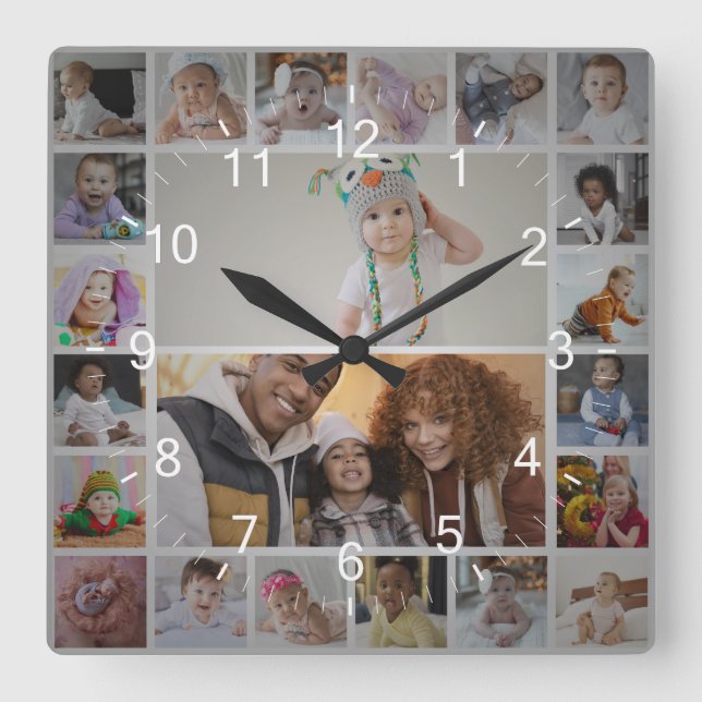 Entwerfen Sie Ihre eigene 22 FotoCollage Quadratische Wanduhr (Vorderseite)