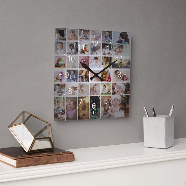 Entwerfen Sie Ihre eigene 35 FotoCollage Quadratische Wanduhr (Büro)