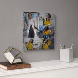 Entwerfen Sie Ihre eigene 5-FotoCollage Quadratische Wanduhr
