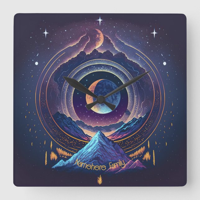 Entwerfen Sie Ihre eigene magische Landschaft Luna Quadratische Wanduhr (Vorderseite)