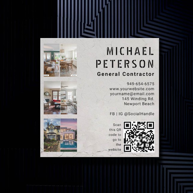 Entwickler von Baukonstrukteuren QR Code 3-Fotos Quadratische Visitenkarte (construction company builder remodeling QR 3 photos business card stucco simple minimalist modern)