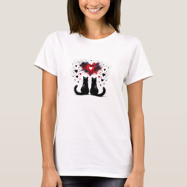 Entwined Fates: Two Black Cats & Heart Burst T-Shirt (Vorderseite)