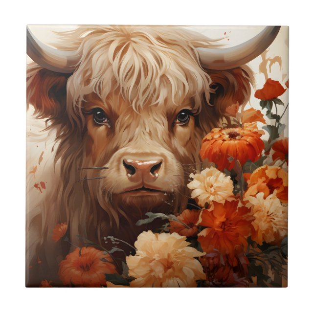 Entwurf einer floralen Highland Cow-Serie 1 Fliese (Vorderseite)