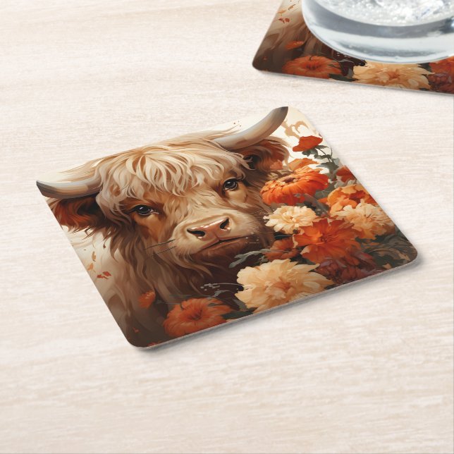 Entwurf einer floralen Highland Cow-Serie 1 Rechteckiger Pappuntersetzer (angewinkelt)