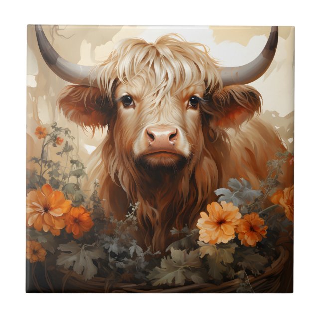 Entwurf einer floralen Highland Cow-Serie 2 Fliese (Vorderseite)