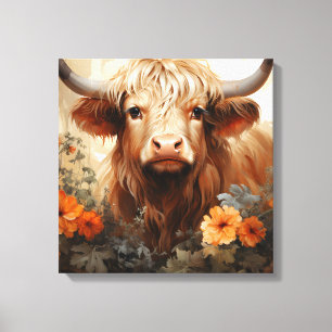 Entwurf einer floralen Highland Cow-Serie 2 Leinwanddruck