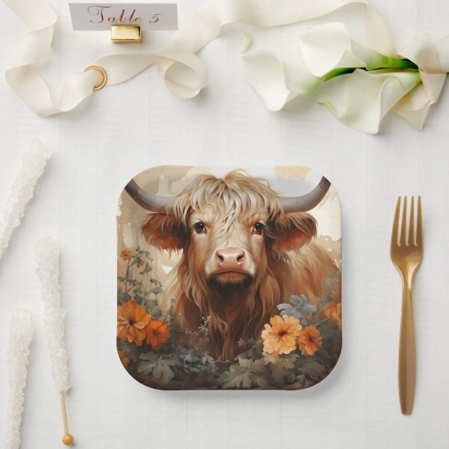 Entwurf einer floralen Highland Cow-Serie 2 Pappteller (Hochzeit)