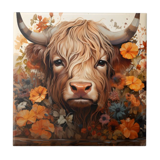Entwurf einer floralen Highland Cow-Serie 3 Fliese (Vorderseite)