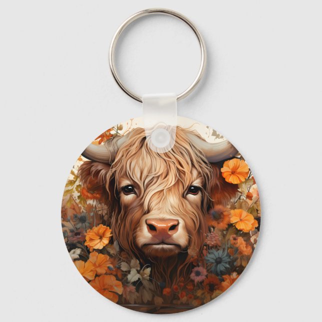 Entwurf einer floralen Highland Cow-Serie 3 Schlüsselanhänger (Vorderseite)