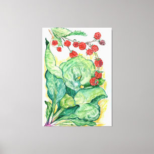 Entwurf von Rhubarb und Himbeeren auf Leinwand