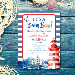 Entzückend gestreift blau rot nautisch Ahoy Baby J Einladung