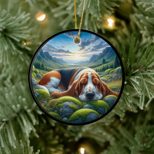 Entzückende Basset-Hound-Szene Keramik Ornament