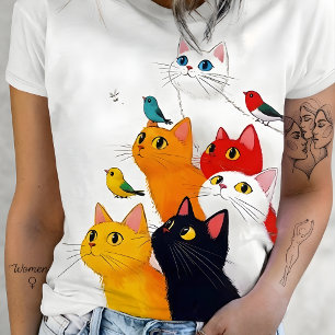 Entzückende bunte Katzen und Vögel Illustration T-Shirt