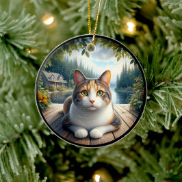 Entzückende Dreifarbenkatze im ländlichen Szenario Keramik Ornament