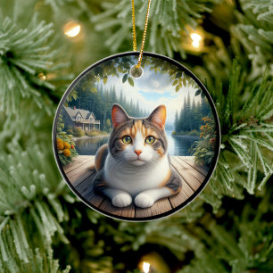 Entzückende Dreifarbenkatze im ländlichen Szenario Keramik Ornament