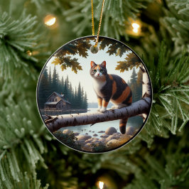Entzückende Dreifarbenkatze im ländlichen Szenario Keramik Ornament